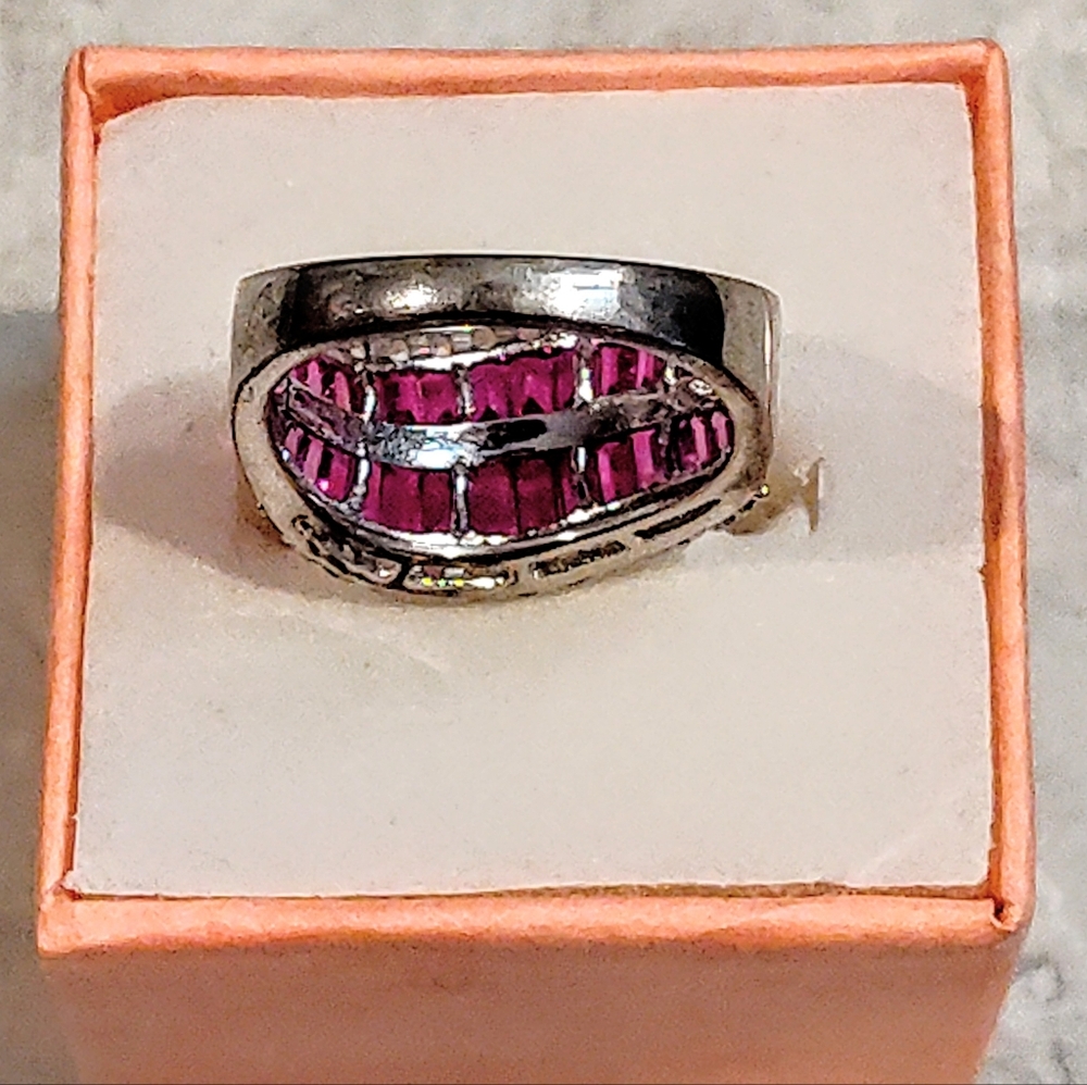 VINTAGE 4 ROW ETERNITY BAND BAGUETTE CUT RUBIES & ROUND DIAMONDS SILVER RING - Picture 9 of 12